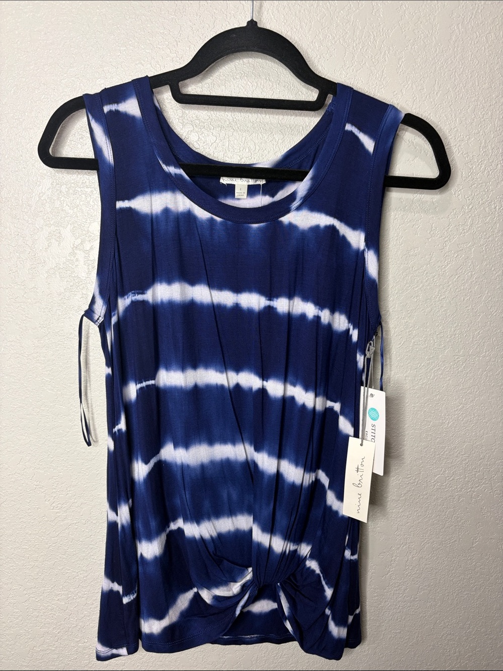 nine britton Navy and White Tie-Dye Knot Front Tank Top